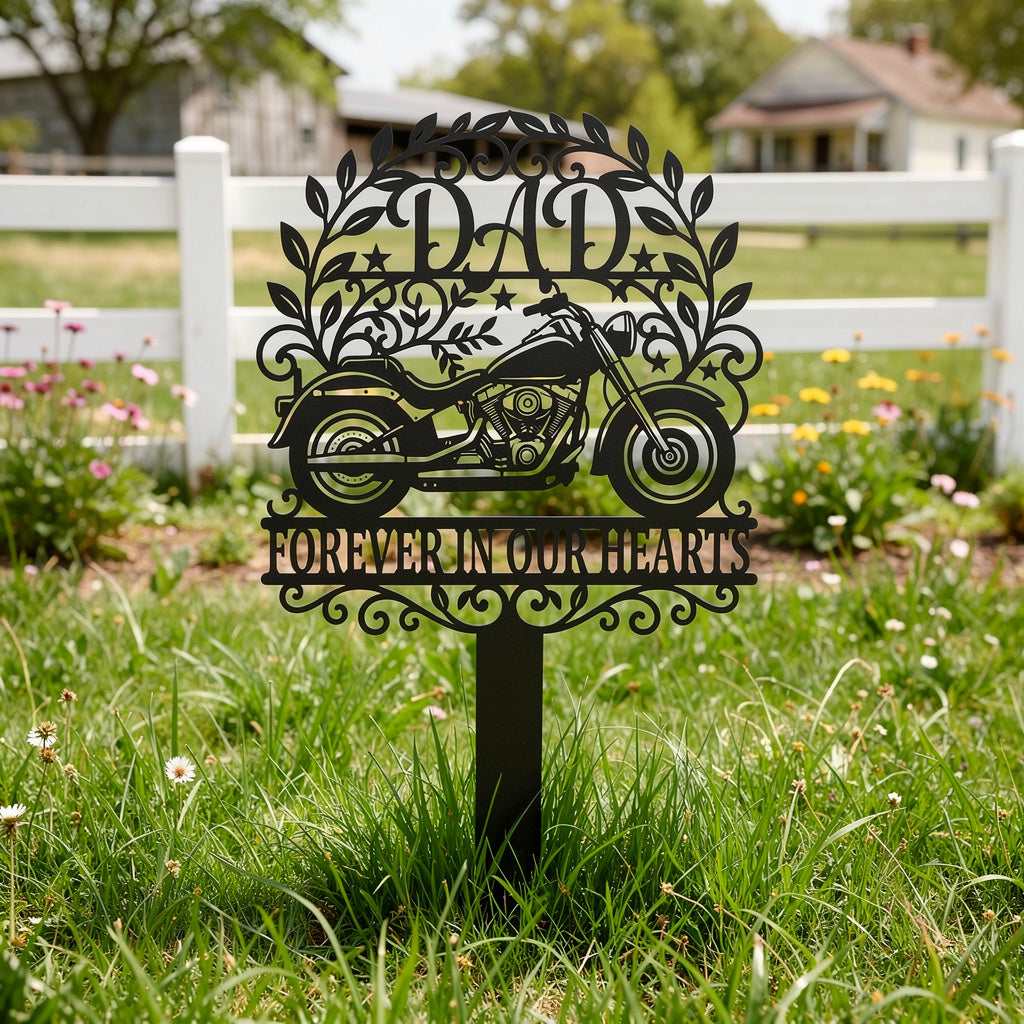 Dad motorcycle memorial garden stake in black steel for a biker father – image 5