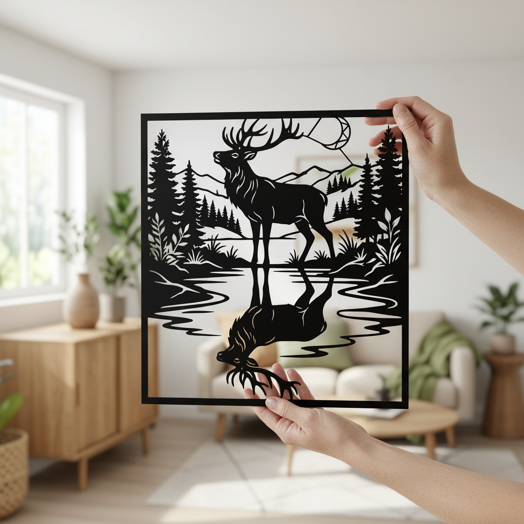 Hirsch mit Spiegelbild im See vor Bergen und Tannenwald, quadratisches Metallschild – Bild 9