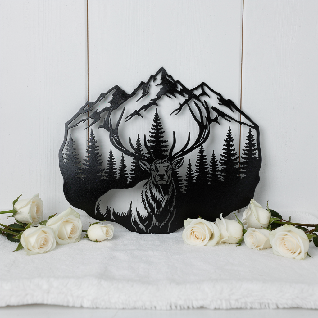 Deer metal sign with stag, mountains and fir trees in black steel – image 5