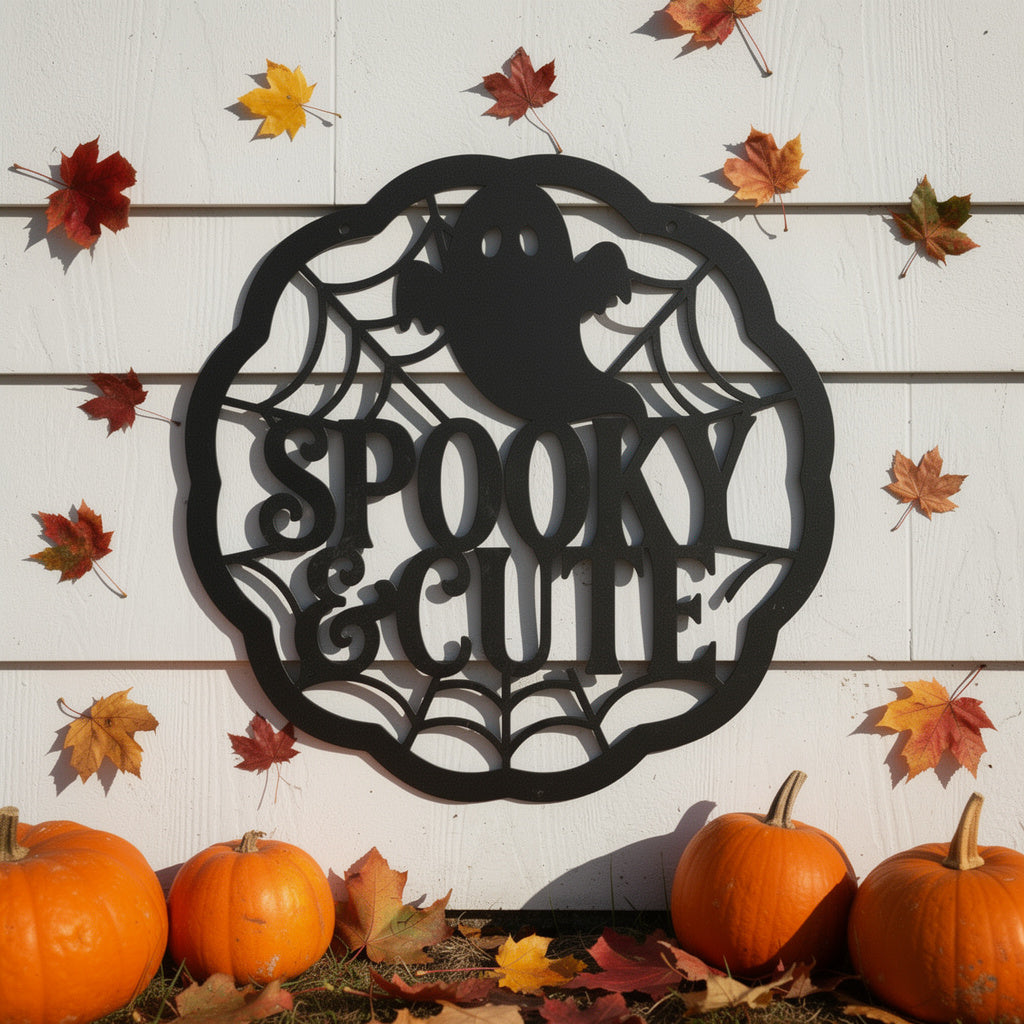 Round Halloween metal sign with cute ghost and spider web in black steel – image 2