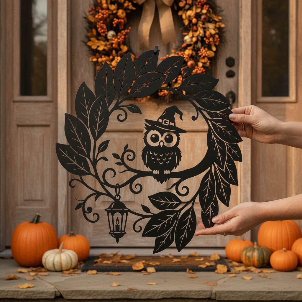Halloween Hexe mit Eule, Laternen und Blätterkranz Metallschild rund – Bild 2