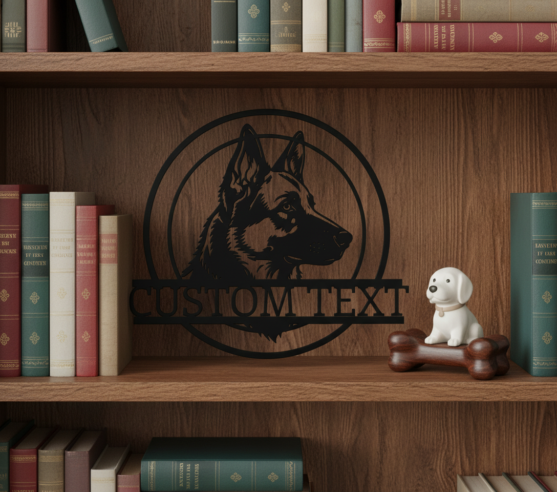 Personalized German Shepherd metal sign with dog name in black steel