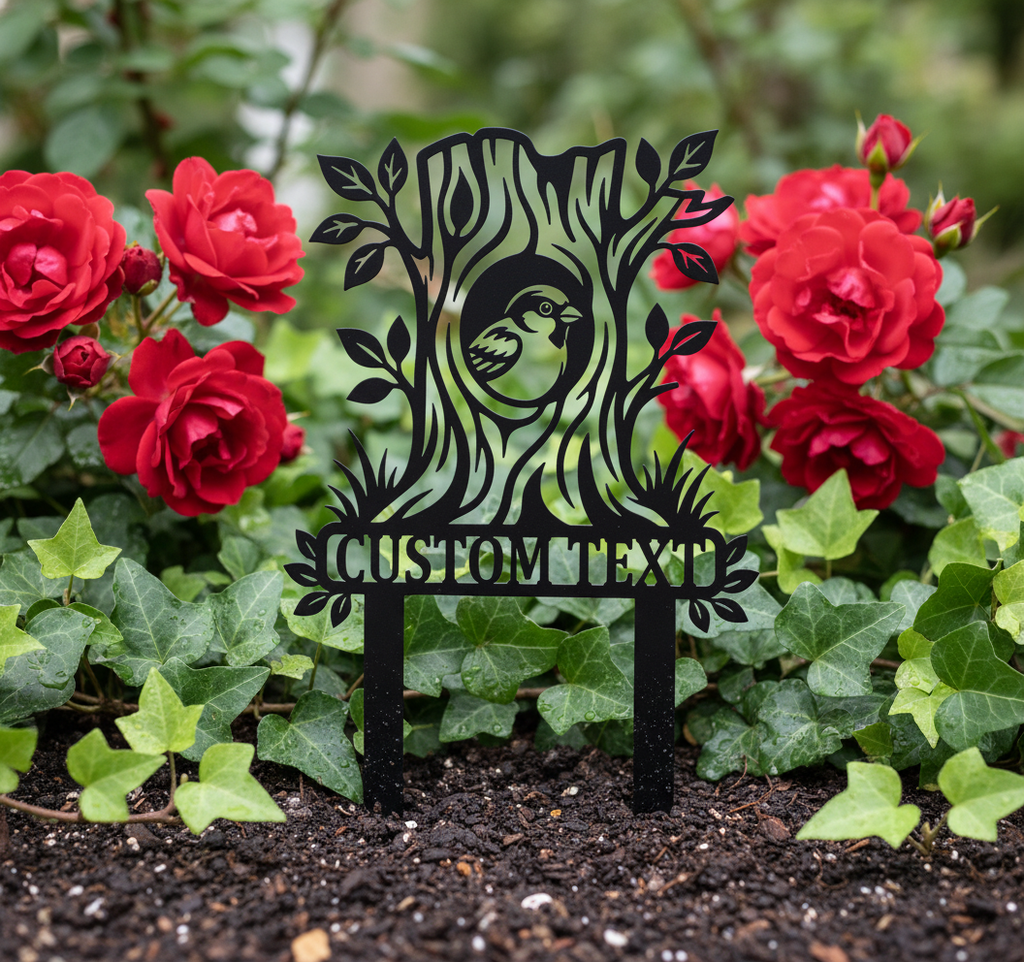 Personalisierter Vogel Gartenstecker mit Baumhöhle – Bild 5