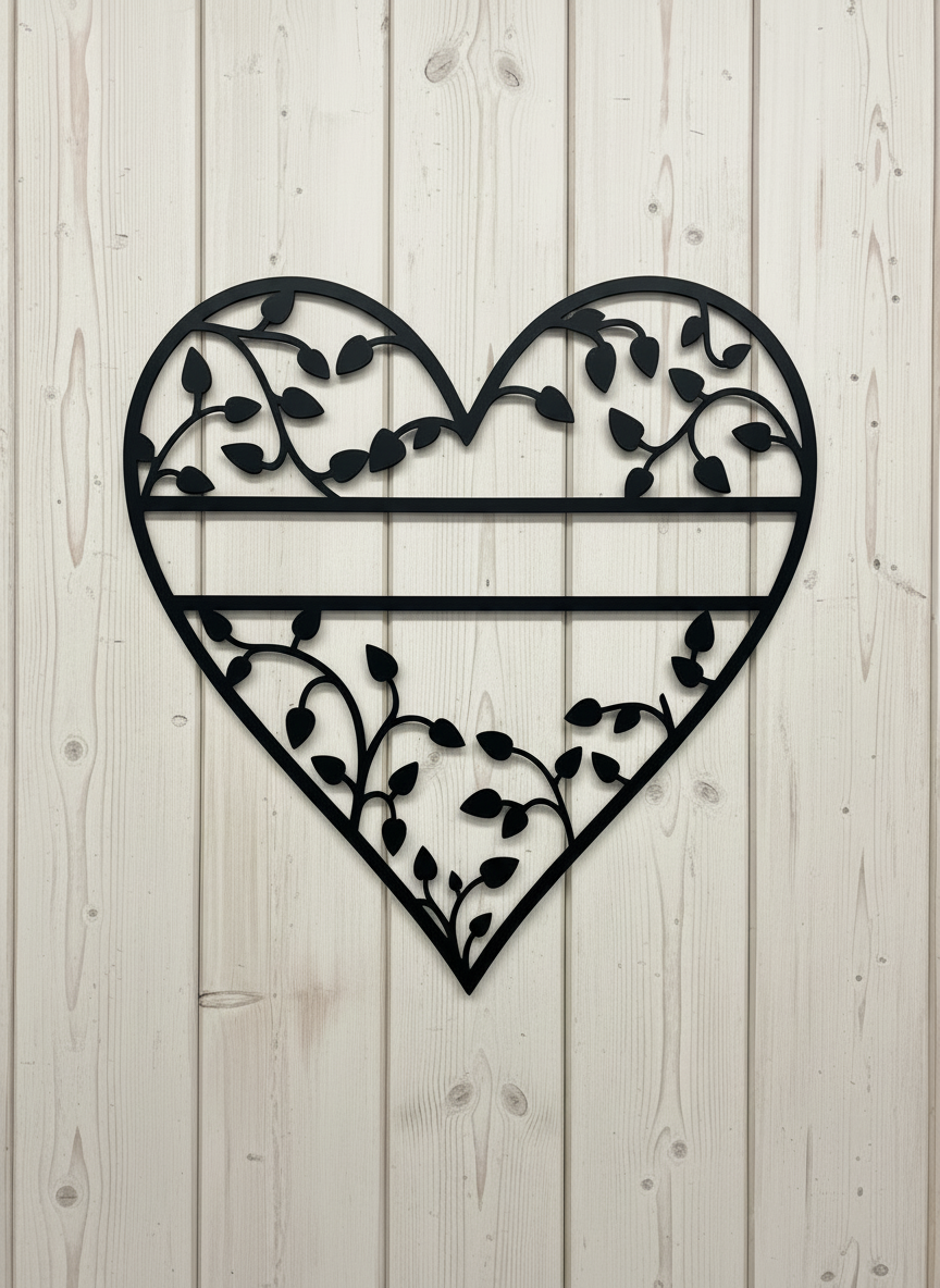 Personalized heart metal sign with leafy vines and couple names in black steel – image 4
