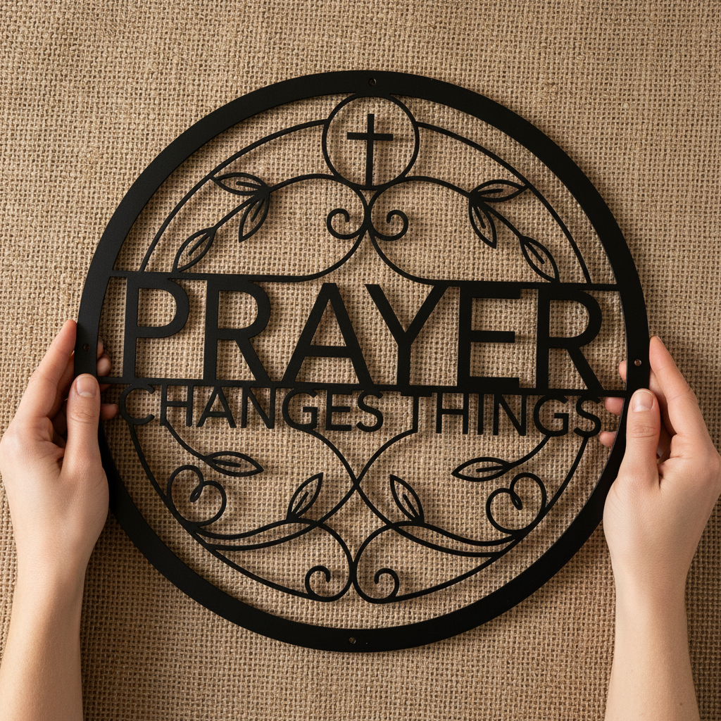 Personalized round Prayer Changes Things metal sign in black steel – image 7