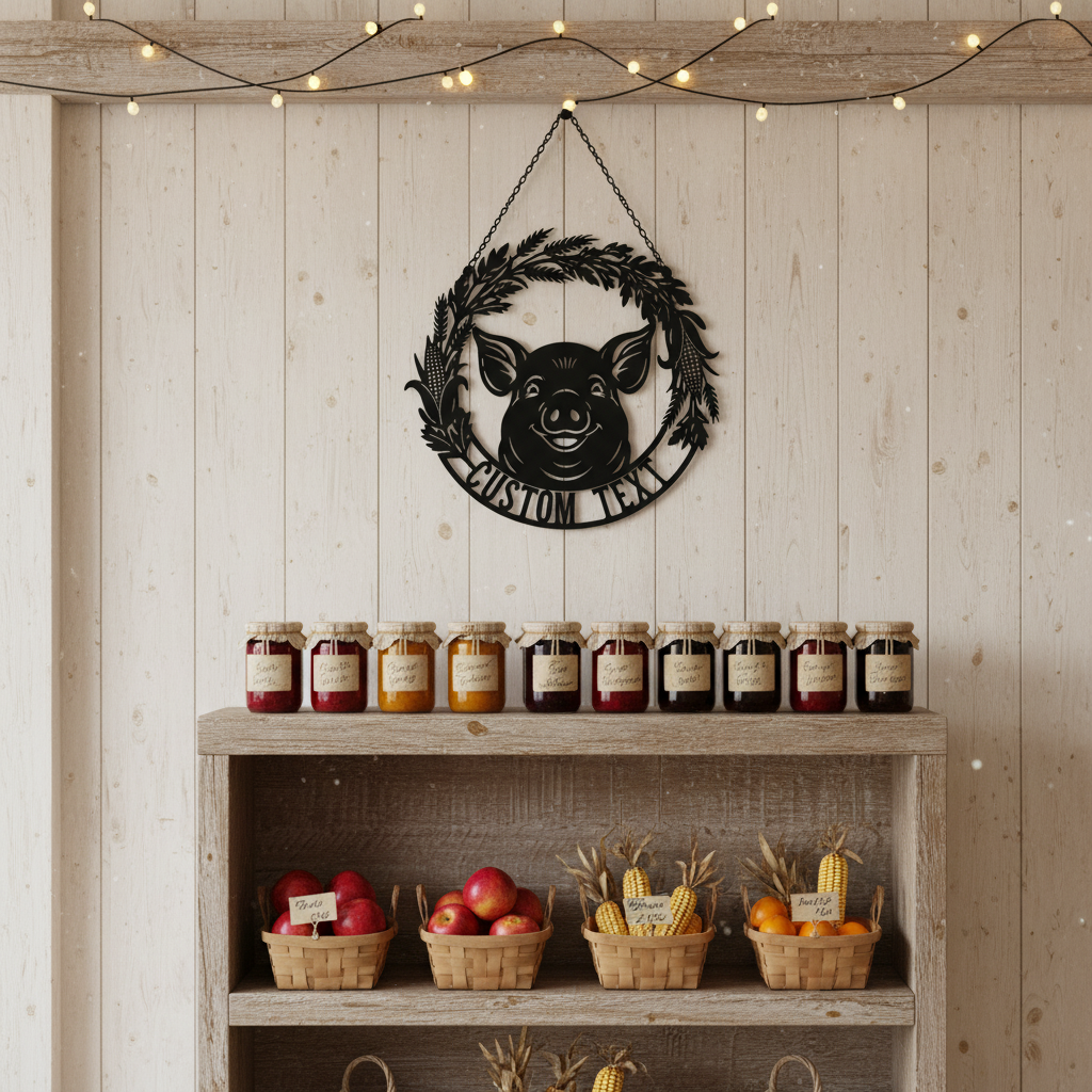 Personalized pig head farm sign with leaf wreath and name in black steel – image 3