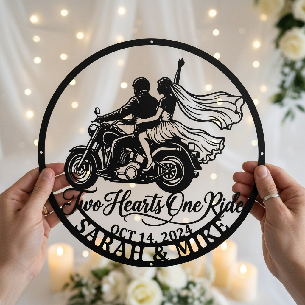 Personalized Just Married motorcycle wedding metal sign with names and date – image 3