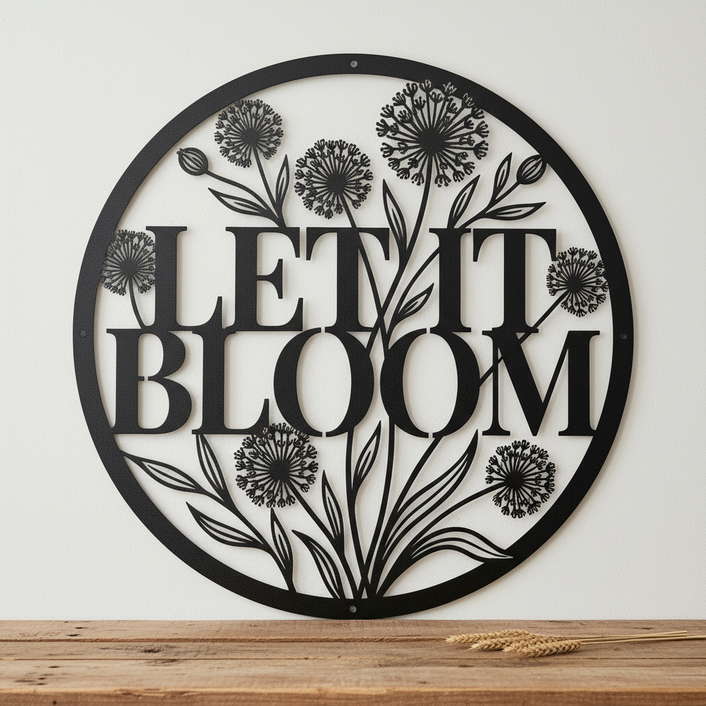 Personalized round dandelion metal sign with Let it Bloom and name in steel – image 7
