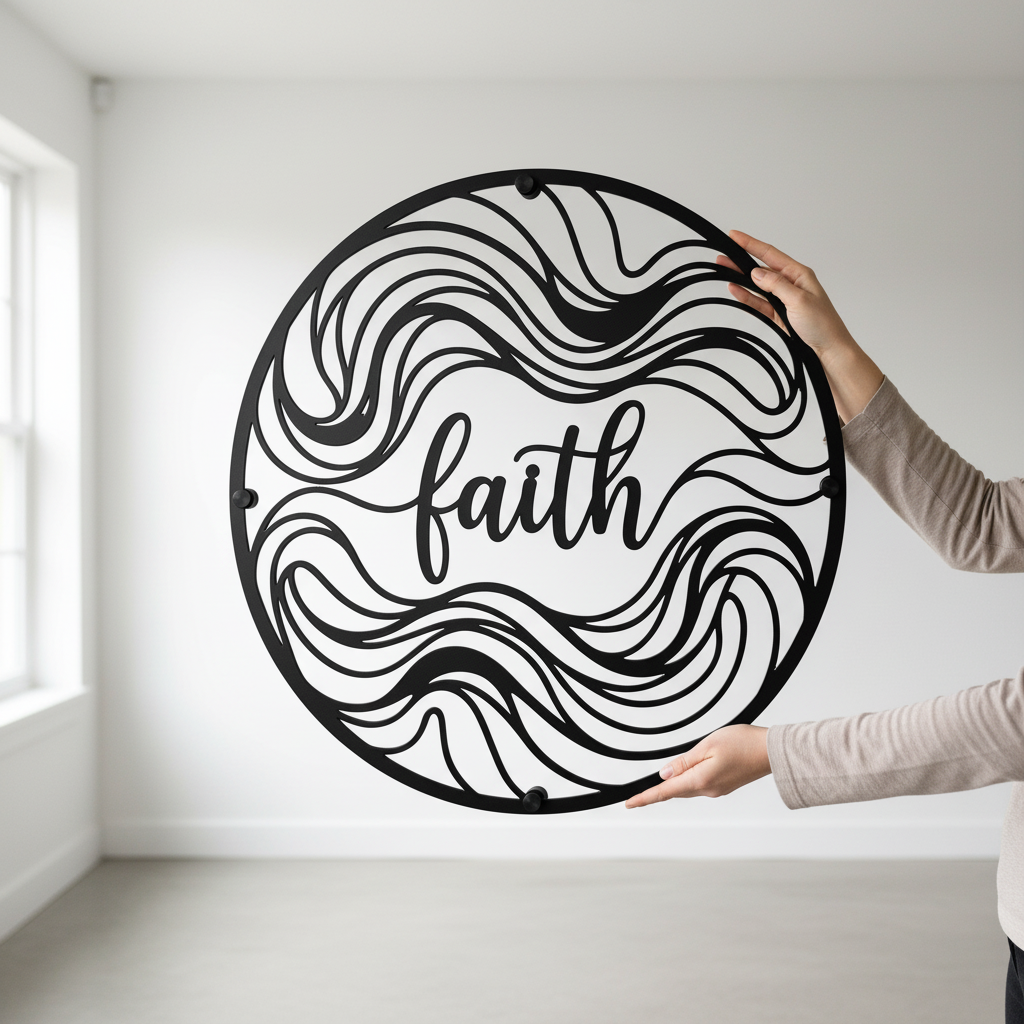 Round Faith metal sign with abstract waves in black steel – image 4