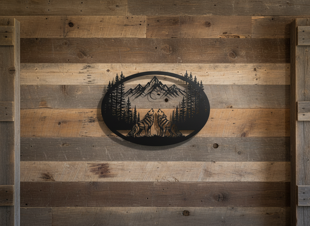 Oval howling wolves metal wall art with mountains and crescent moon in black steel – image 9