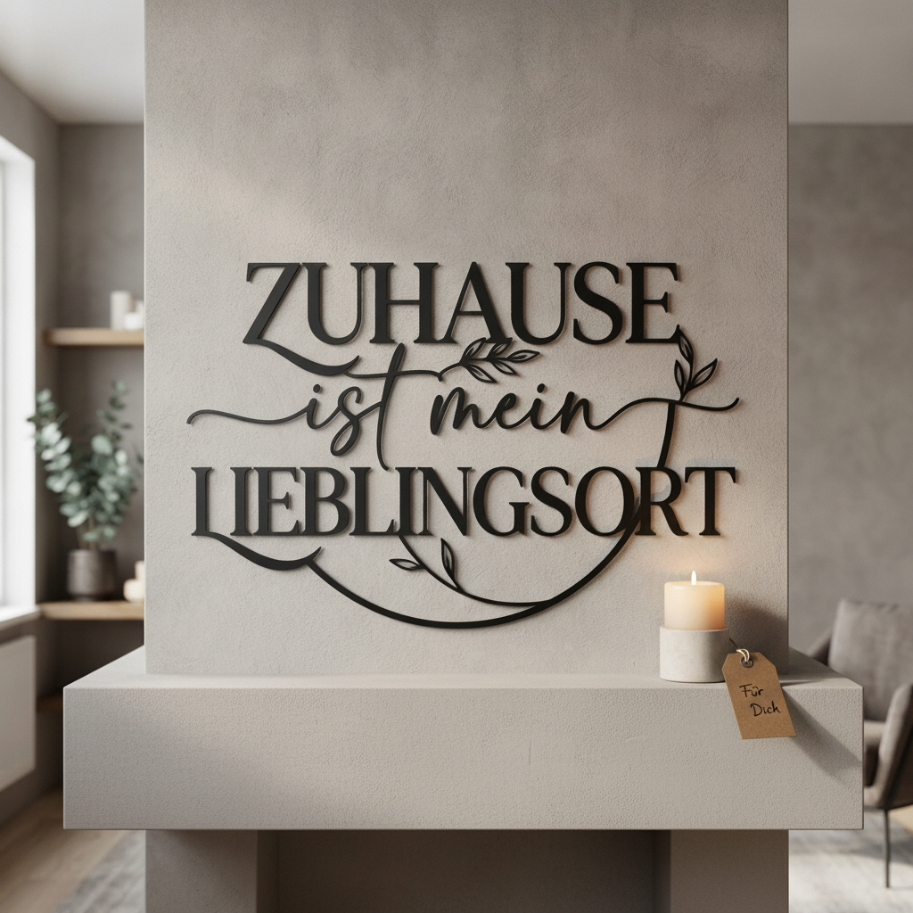 Metallschild mit Spruch Zuhause ist mein Lieblingsort aus schwarzem Stahl