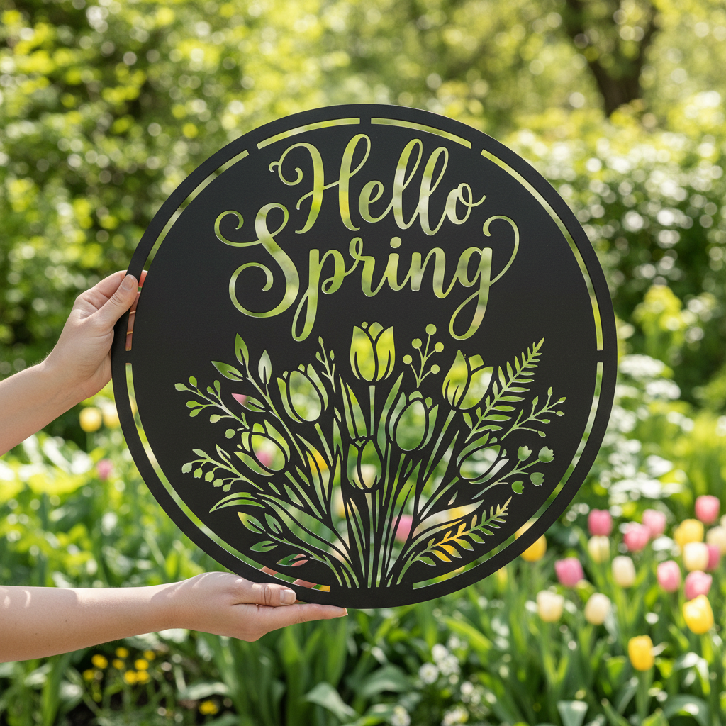 Rundes Metallschild Hello Spring mit Tulpenstrauß aus schwarzem Stahl – Bild 9