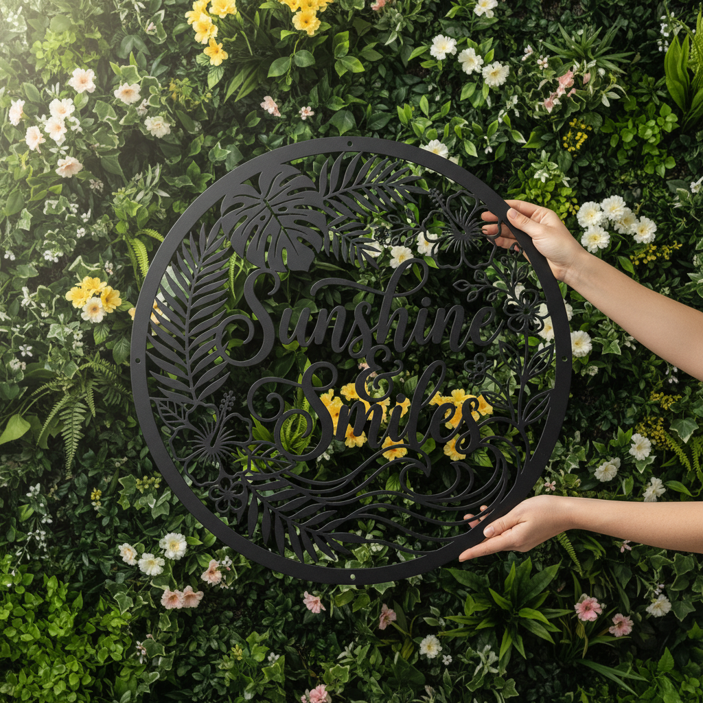 Personalisiertes Sommerschild Sunshine and Smiles mit Sonne und Palmen aus Stahl – Bild 5