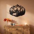 Deer metal sign with stag, mountains and fir trees in black steel
