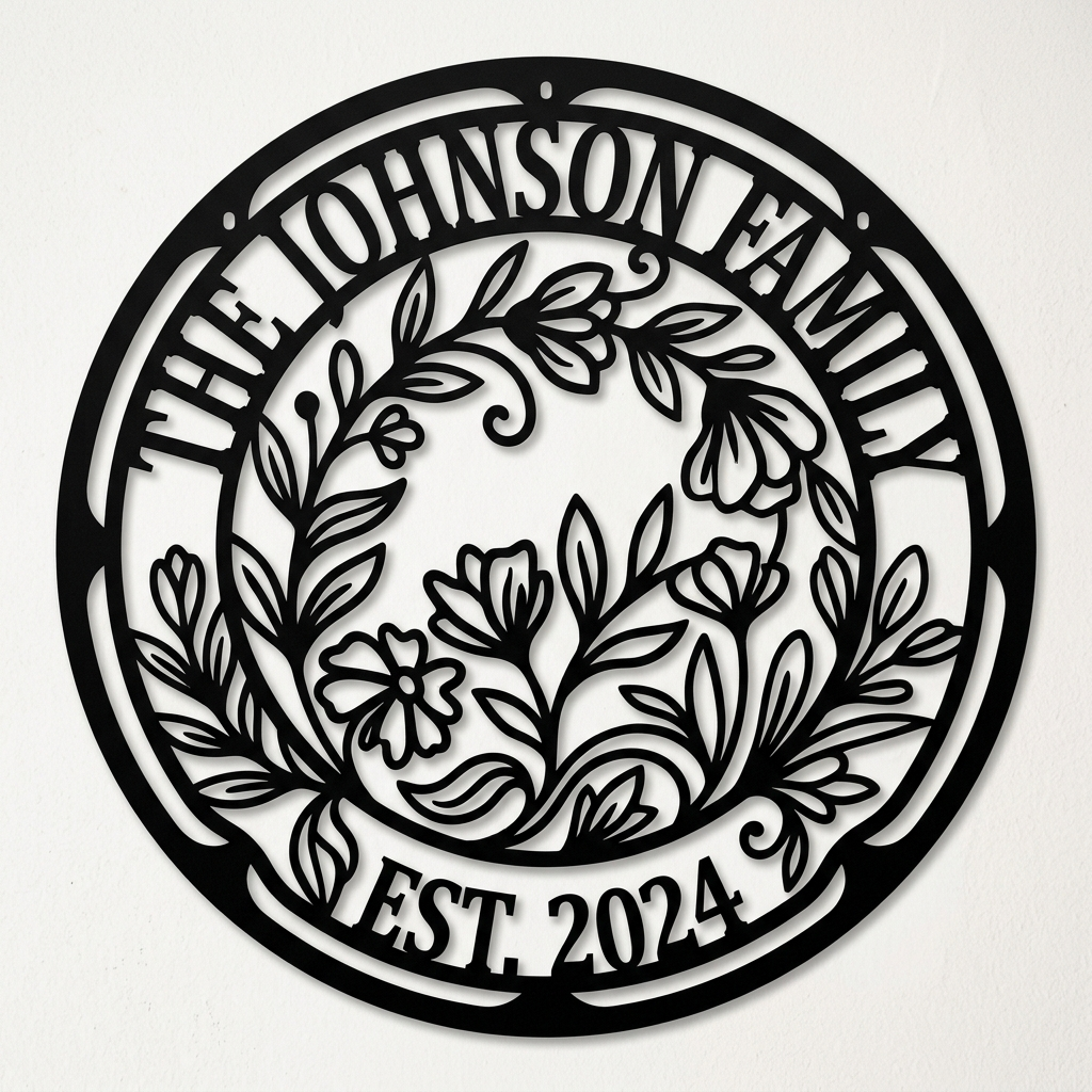 Personalisiertes rundes Familienschild mit Blumenkranz aus schwarzem Stahl – Bild 2