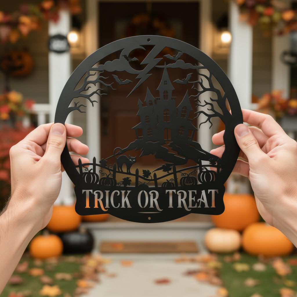 Halloween Spukhaus mit Fledermäusen Trick or Treat Metallschild rund – Bild 9