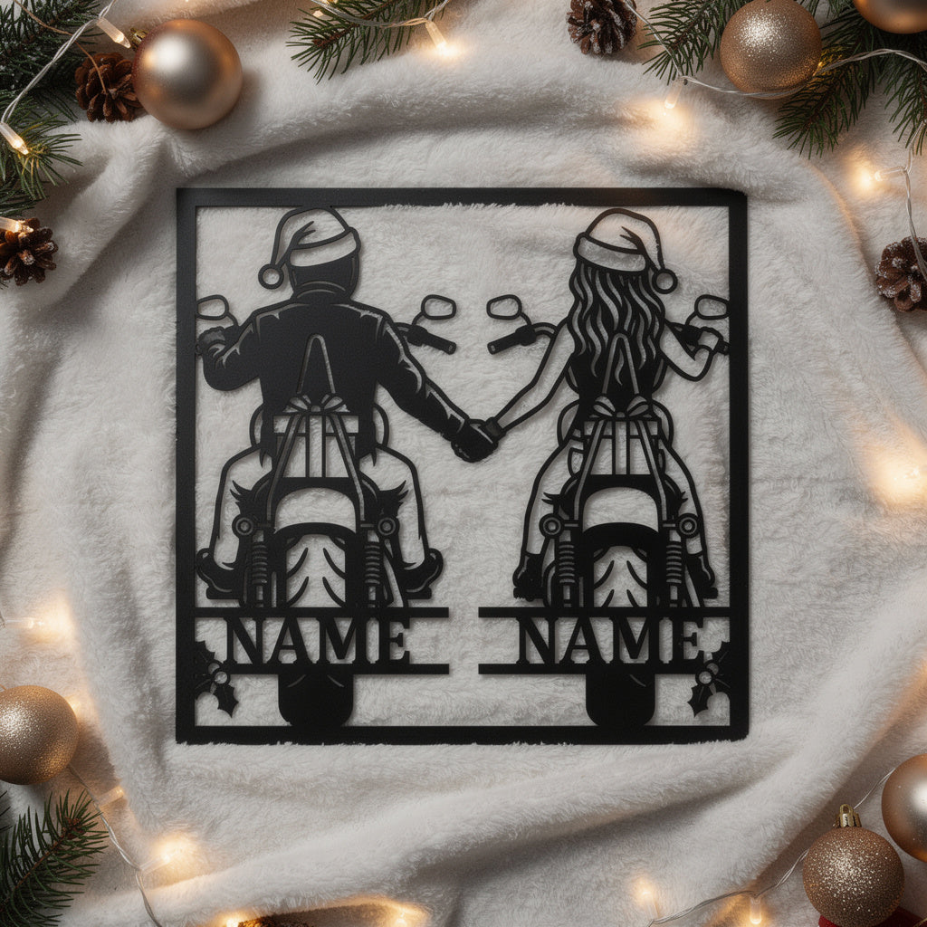 Personalized Christmas biker metal sign with name in black steel – image 9