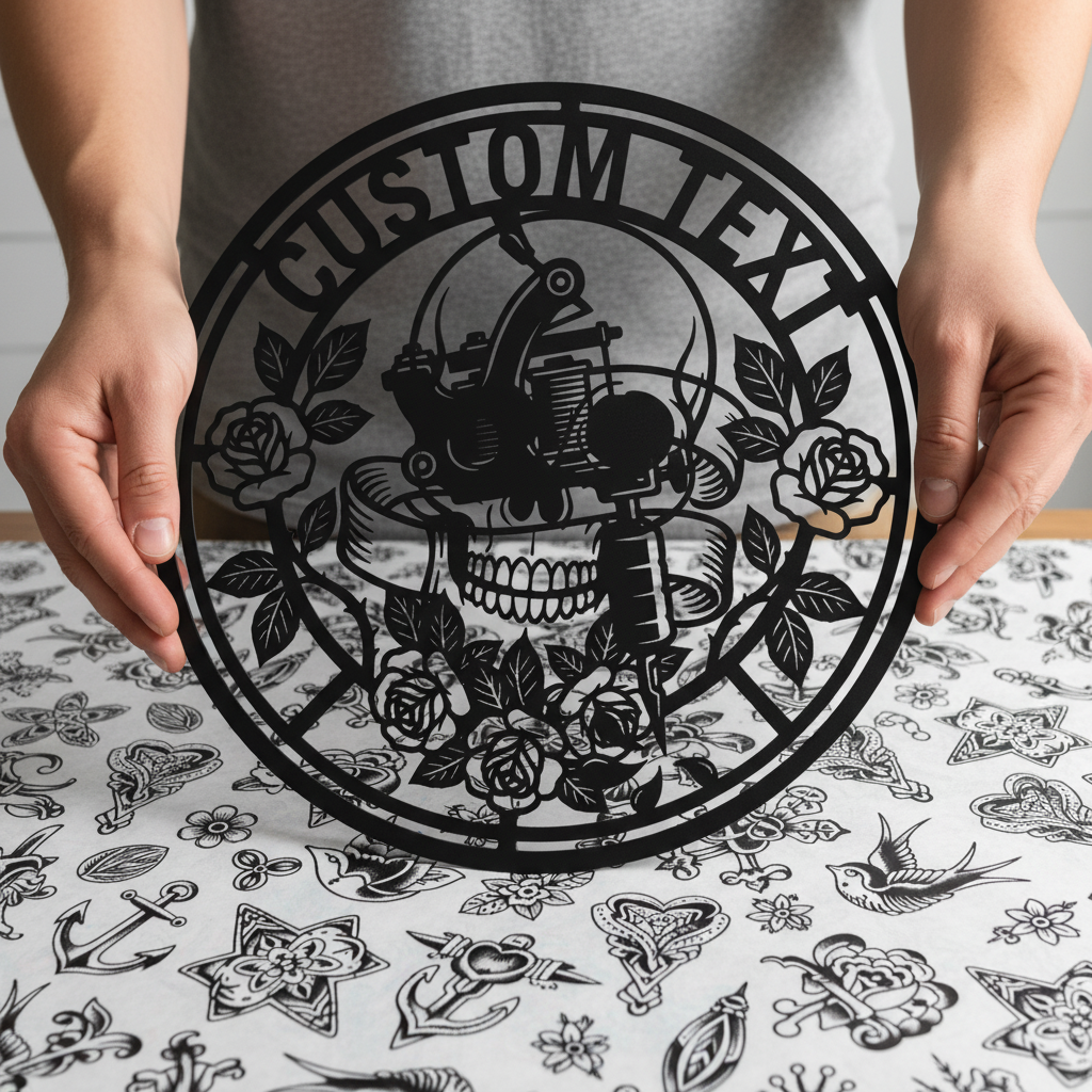 Personalisiertes Tattoostudio Metallschild rund mit Tattoomaschine, Totenkopf und Rosen – Bild 1