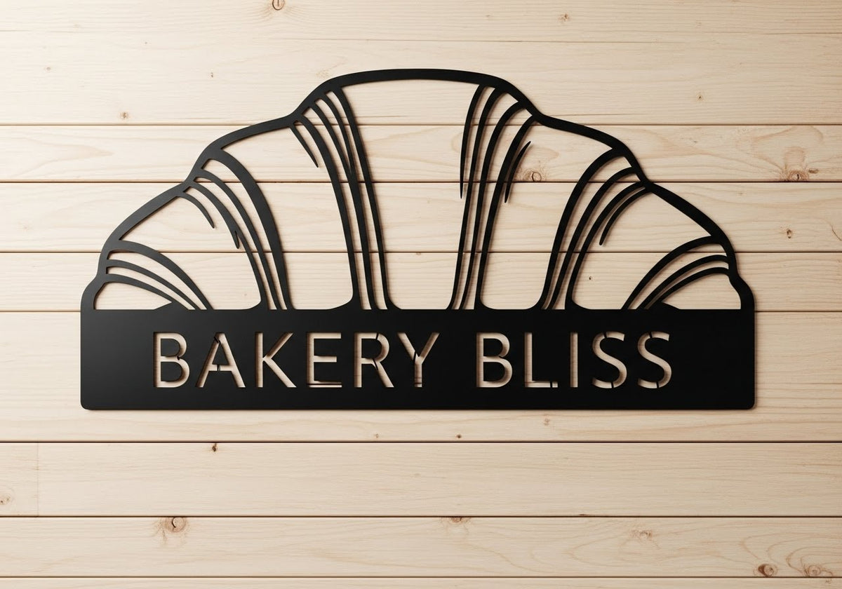Personalized bakery and café metal sign with croissant and name in black steel – image 9
