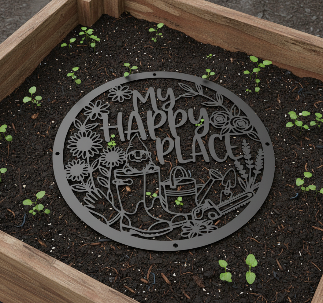Round My Happy Place garden gnome sign with flowers in black steel – image 8