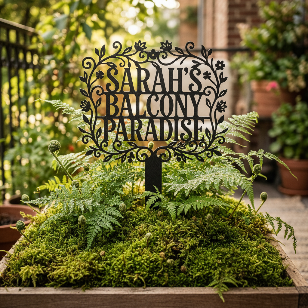 Personalisierter Gartenstecker Balcony Paradise mit Blumenrahmen und Namen aus schwarzem Stahl – Bild 7