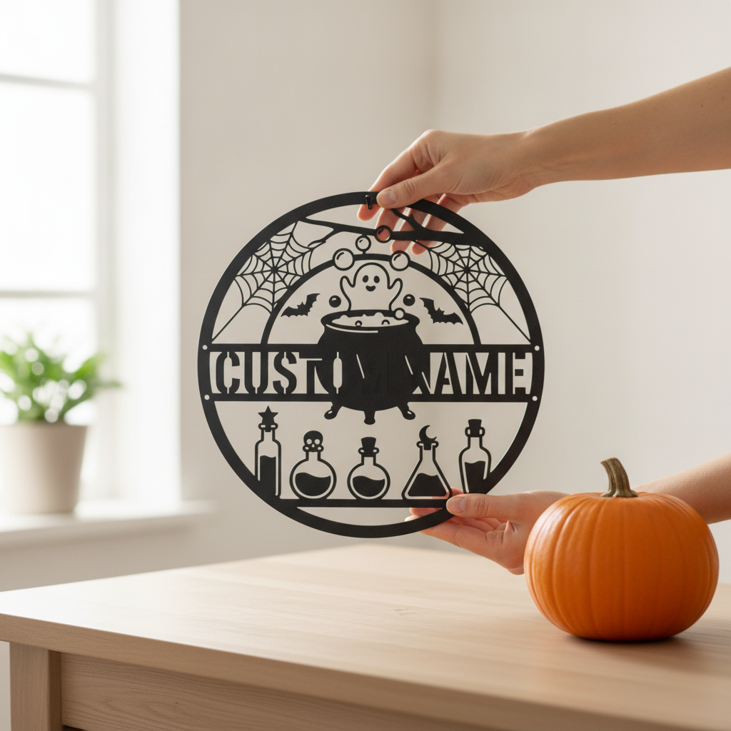 Personalized witch cauldron Halloween sign with name in black steel – image 8