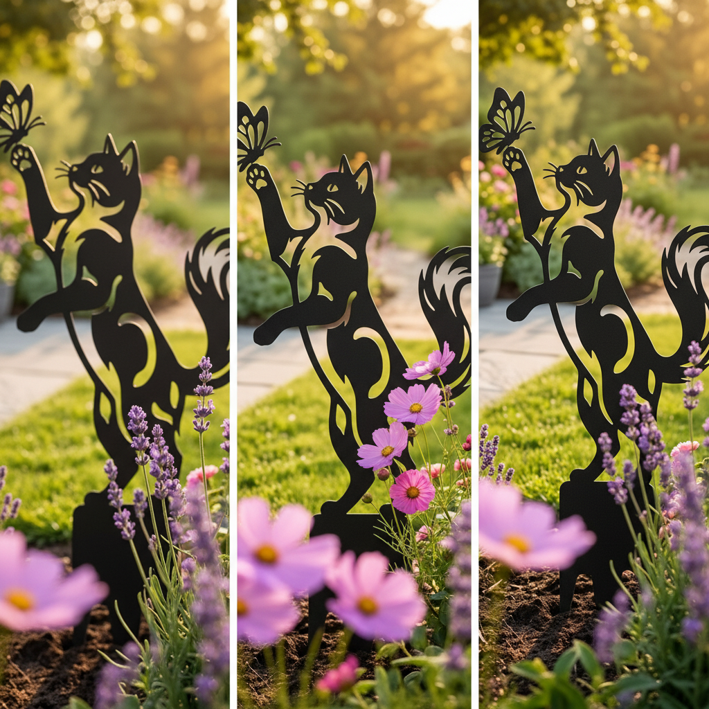 Stehende Katze mit Schmetterling und Pfote Gartenstecker – Bild 2