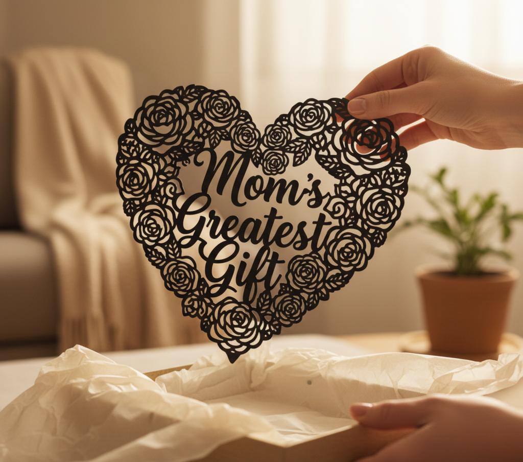 Mom’s Greatest Gift metal sign with rose inside a heart in black steel – image 8