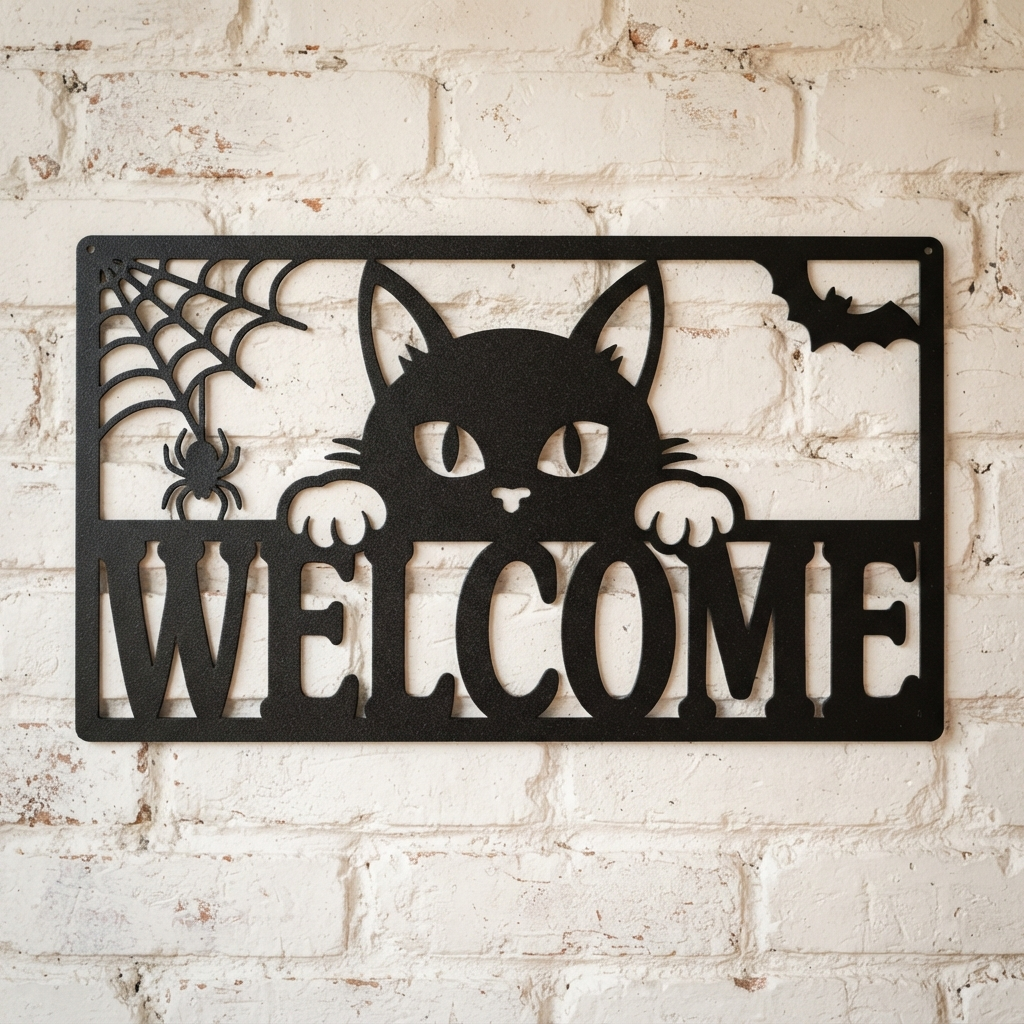 Halloween Willkommensschild mit schwarzer Katze aus schwarzem Stahl