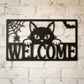 Halloween Willkommensschild mit schwarzer Katze aus schwarzem Stahl
