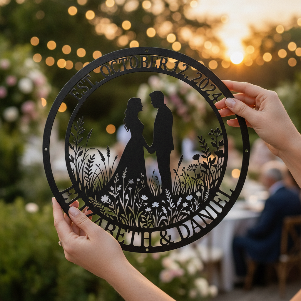 Personalized wedding metal sign with couple names and wedding date in black steel – image 7