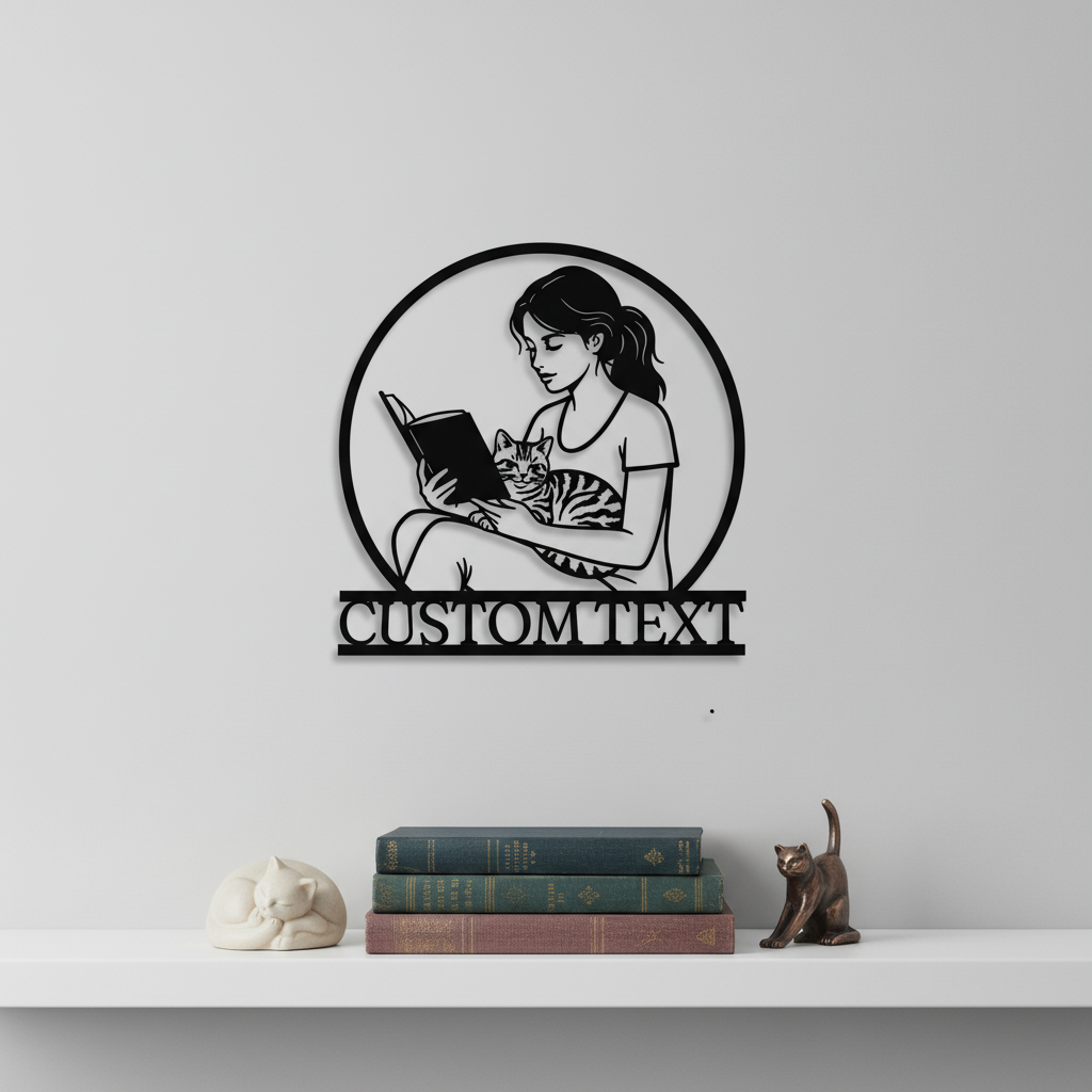 Personalized reading cat metal sign with custom name in black steel – image 3