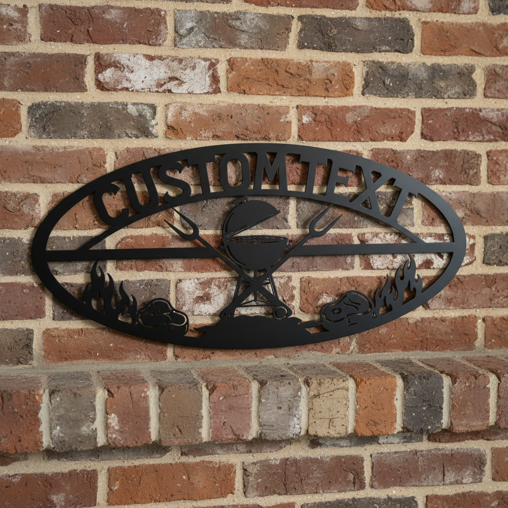Personalized oval BBQ grill sign with steaks and name in black steel – image 10