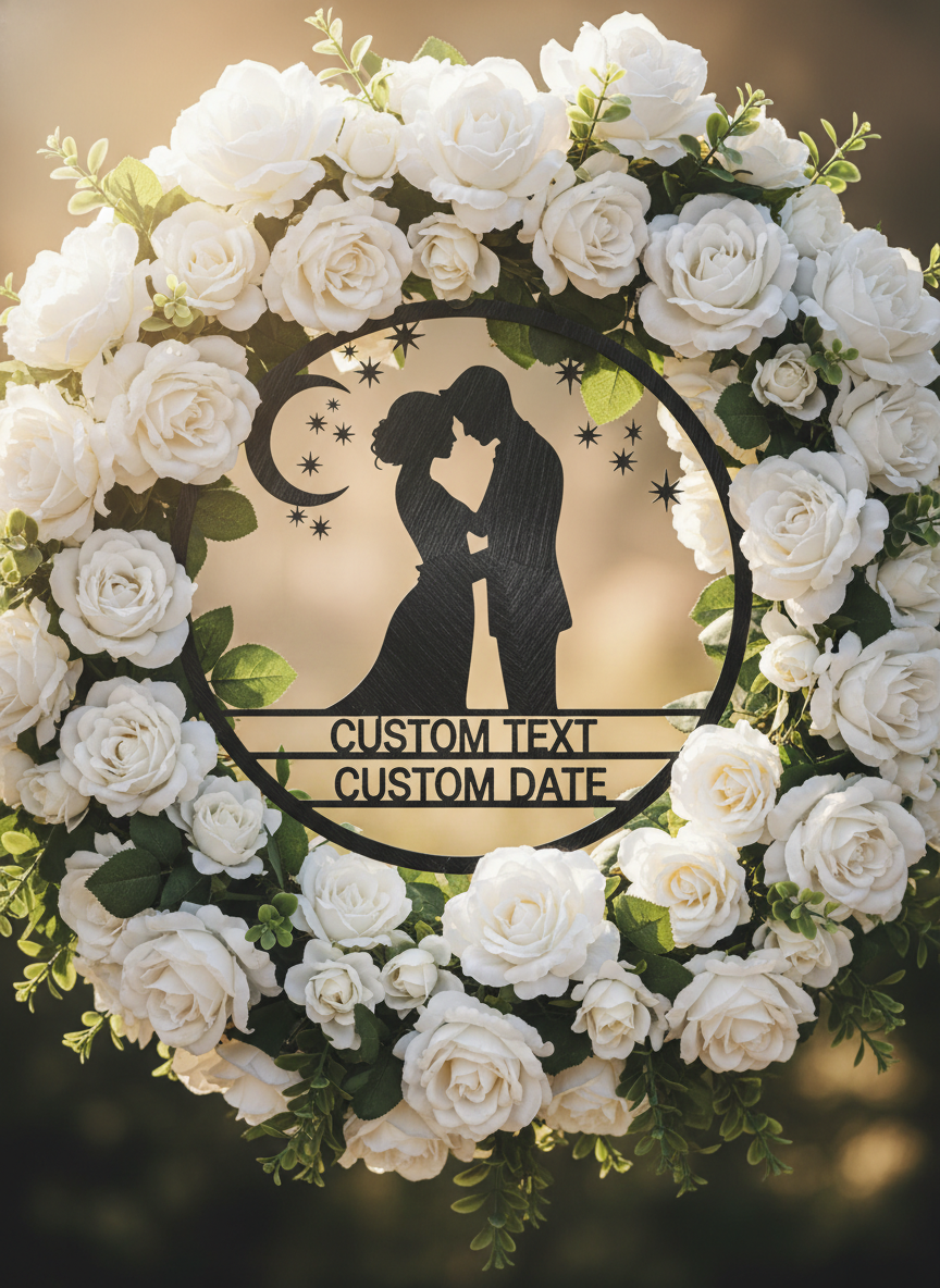 Personalized round metal sign with couple on crescent moon and stars – image 7