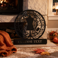 Personalized round sewing room metal sign with dress form, scissors, thread and name