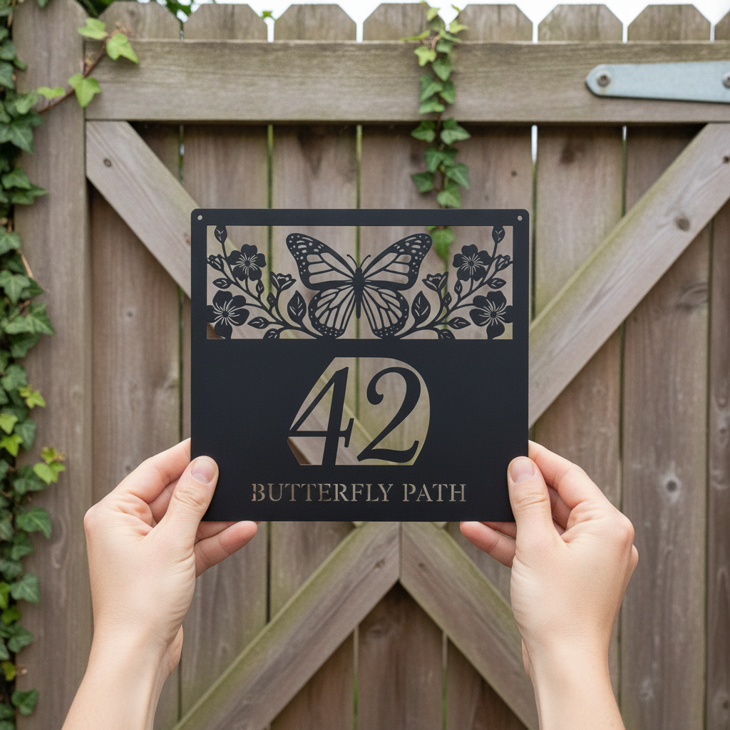 Personalized butterfly house number sign with flowers in black steel – image 8