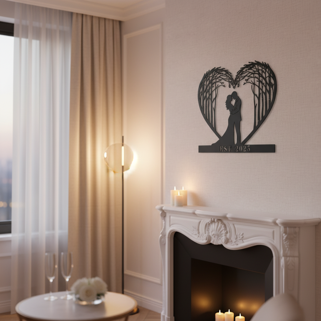 Personalized couple tree metal sign with heart, names and year in black steel – image 8