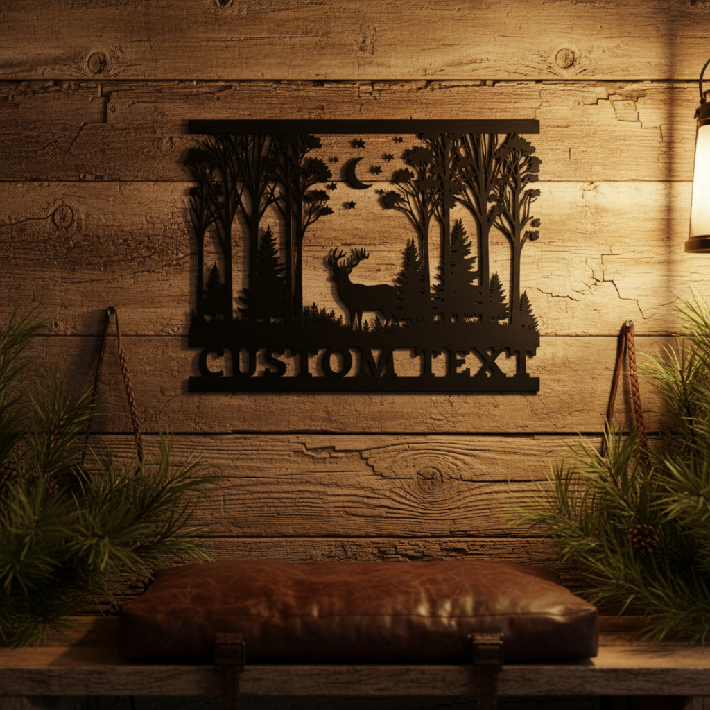 Personalized deer in night forest metal sign with crescent moon in black steel