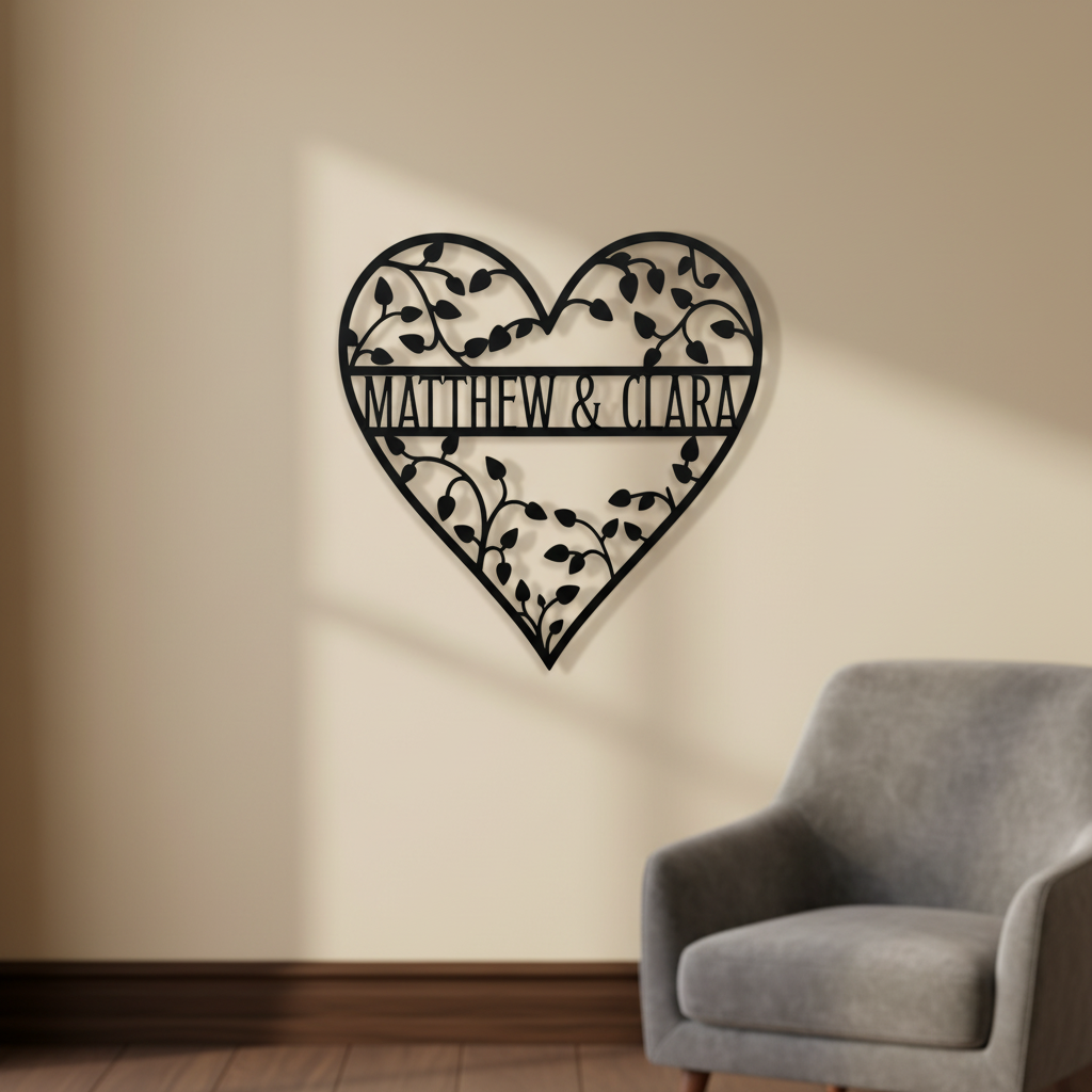Personalized heart metal sign with leafy vines and couple names in black steel – image 2