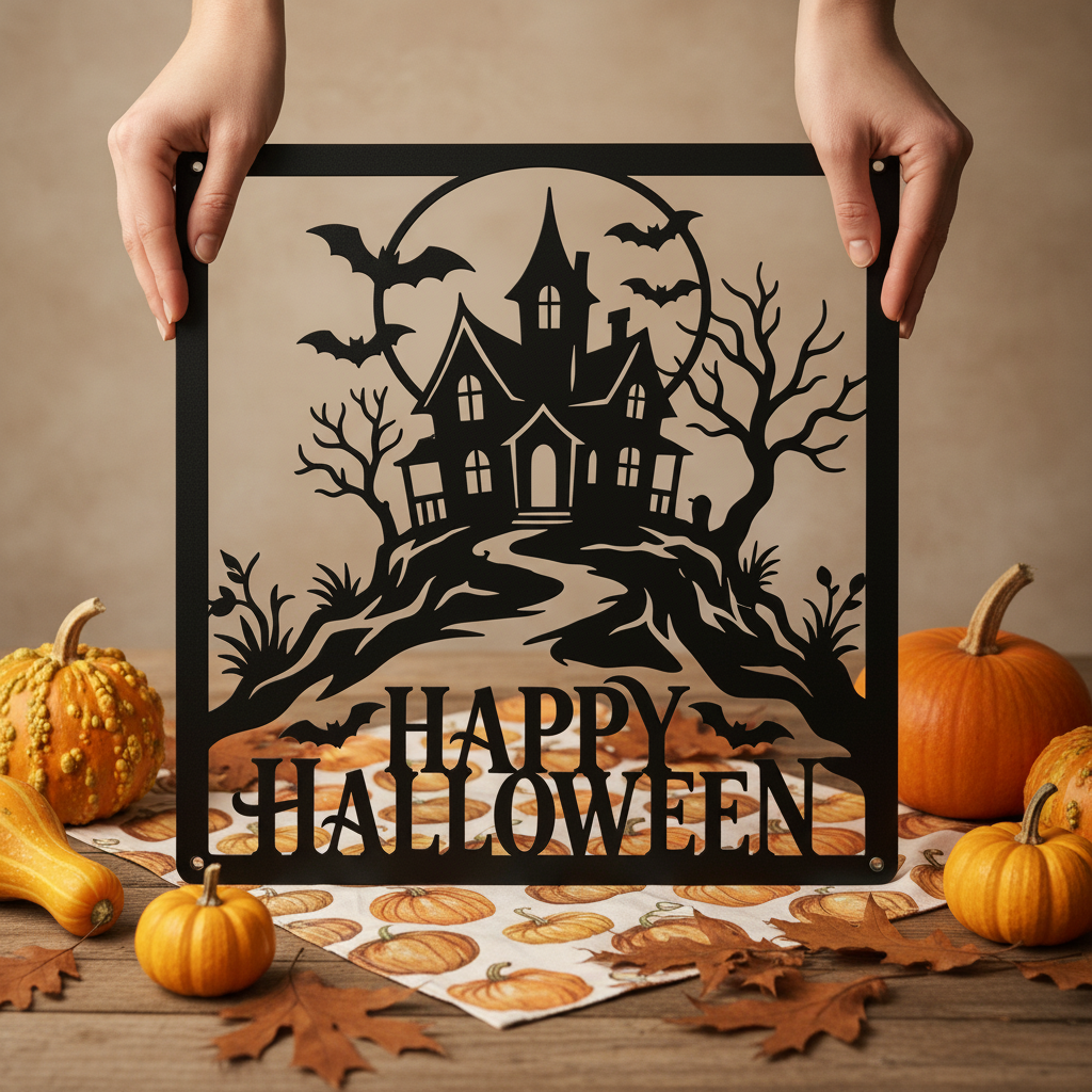 Quadratisches Halloween Metallschild mit Spukhaus, Vollmond und Fledermäusen – Bild 4
