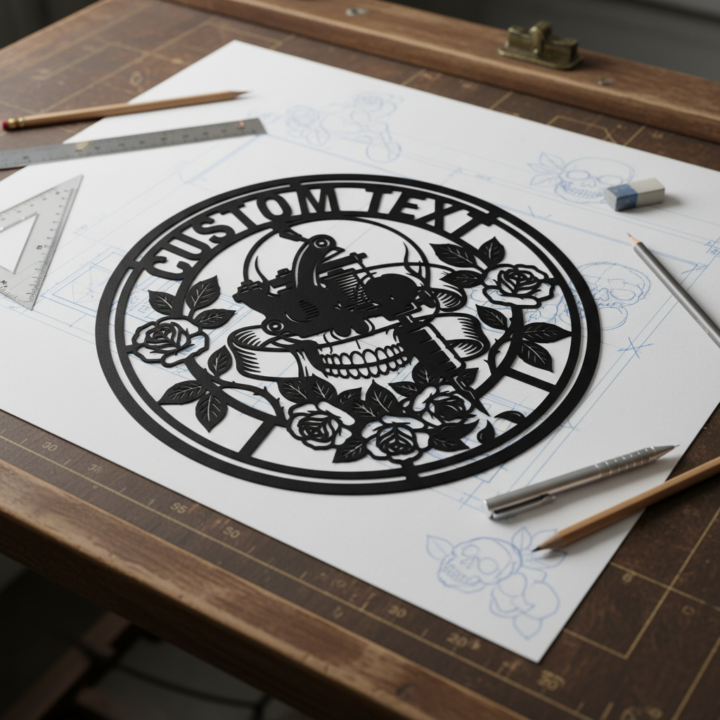 Personalisiertes rundes Tattoostudio Schild mit Totenkopf, Rose und Tattoomaschine – Bild 2