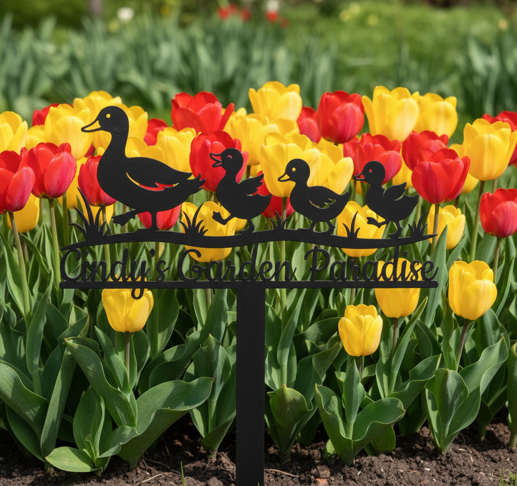 Personalisierter Gartenstecker Entenfamilie mit Küken – Bild 1