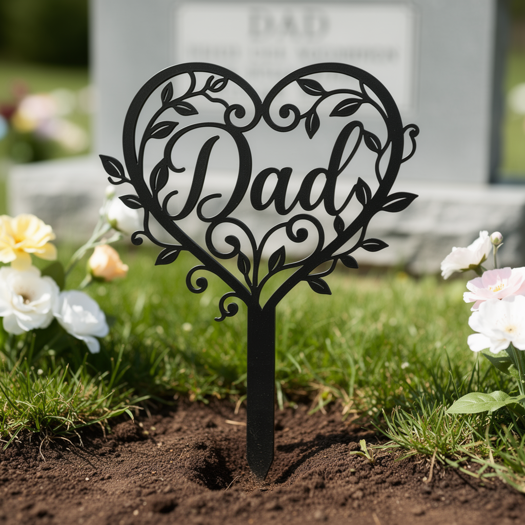 Gedenkstecker „Dad“ mit Blumenherz aus schwarzem Stahl – Bild 4