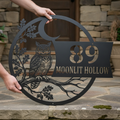 Personalized owl house number sign with crescent moon in black steel