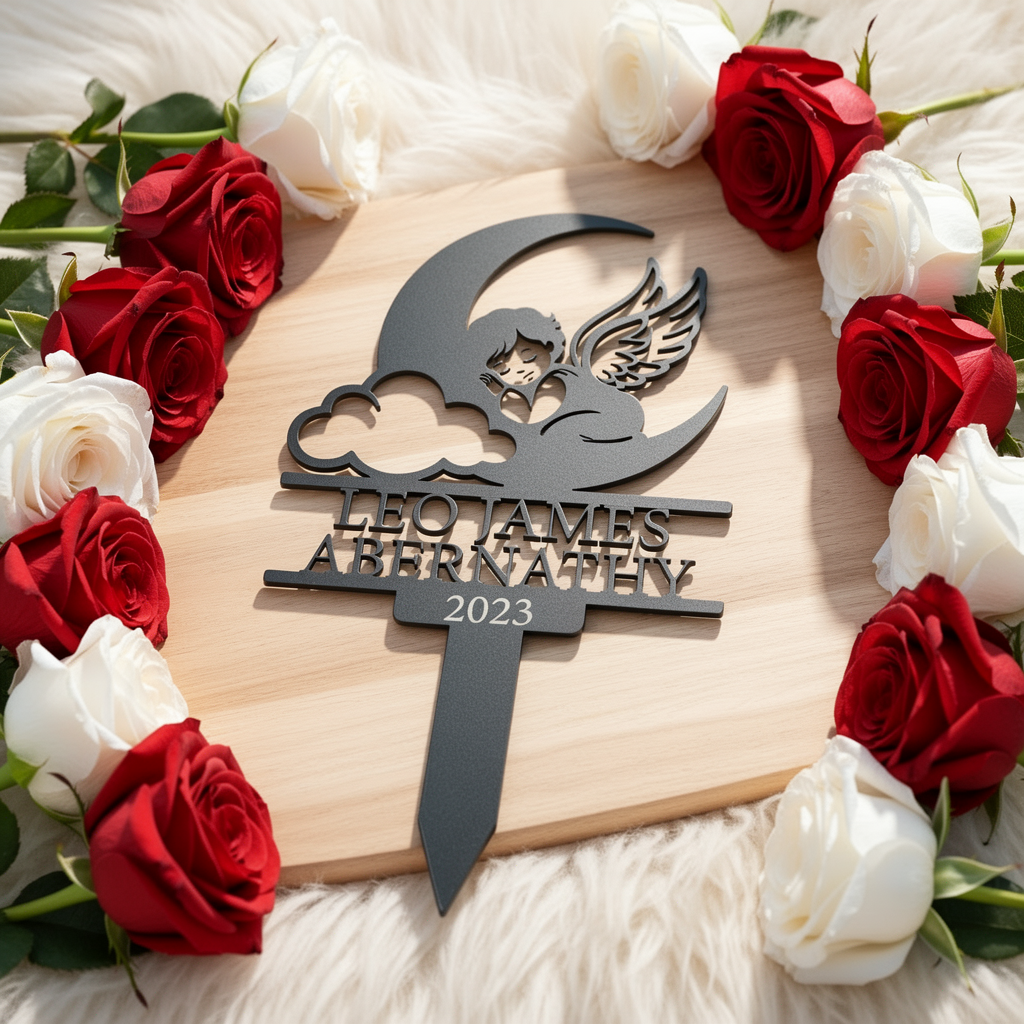 Personalized memorial stake with sleeping angel on crescent moon and cloud in black steel – image 2