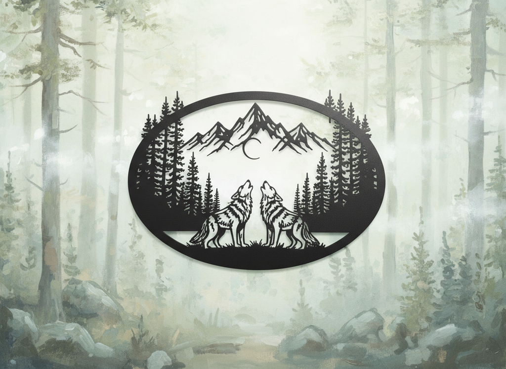 Oval howling wolves metal wall art with mountains and crescent moon in black steel – image 4