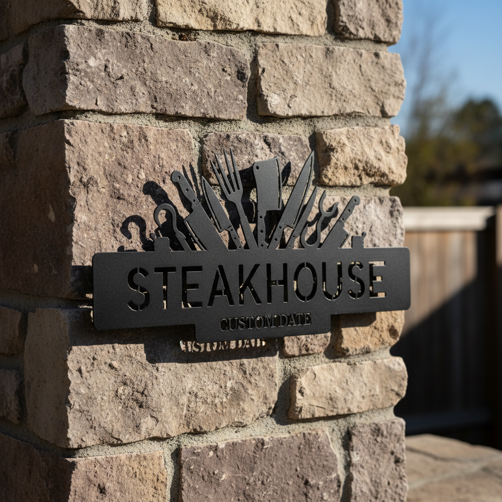 Personalized steakhouse metal sign with crossed knives, cleaver and name in black steel – image 9