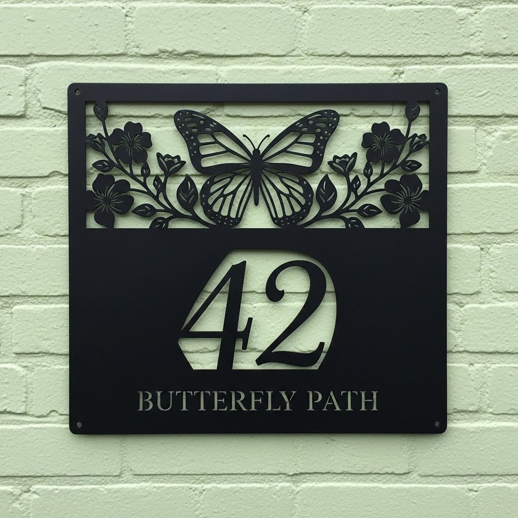 Personalized butterfly house number sign with flowers in black steel – image 2