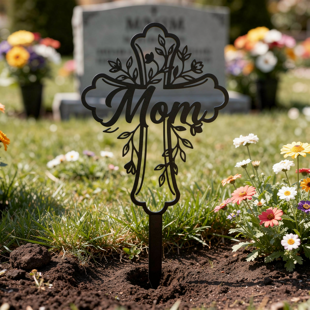 Gedenkstecker Mom mit Blumenkreuz als Grabschmuck aus schwarzem Stahl – Bild 9