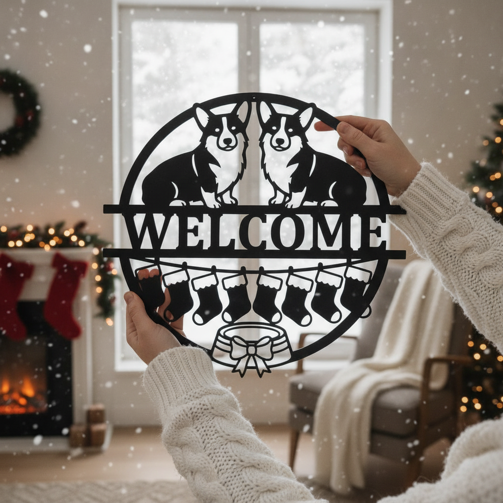 Round corgi Christmas welcome sign with stockings in black steel – image 5